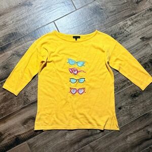 Bua Bua Womens Retro Embroidered Sunglasses 3/4 Boatneck Knit Sweater,Yellow, S